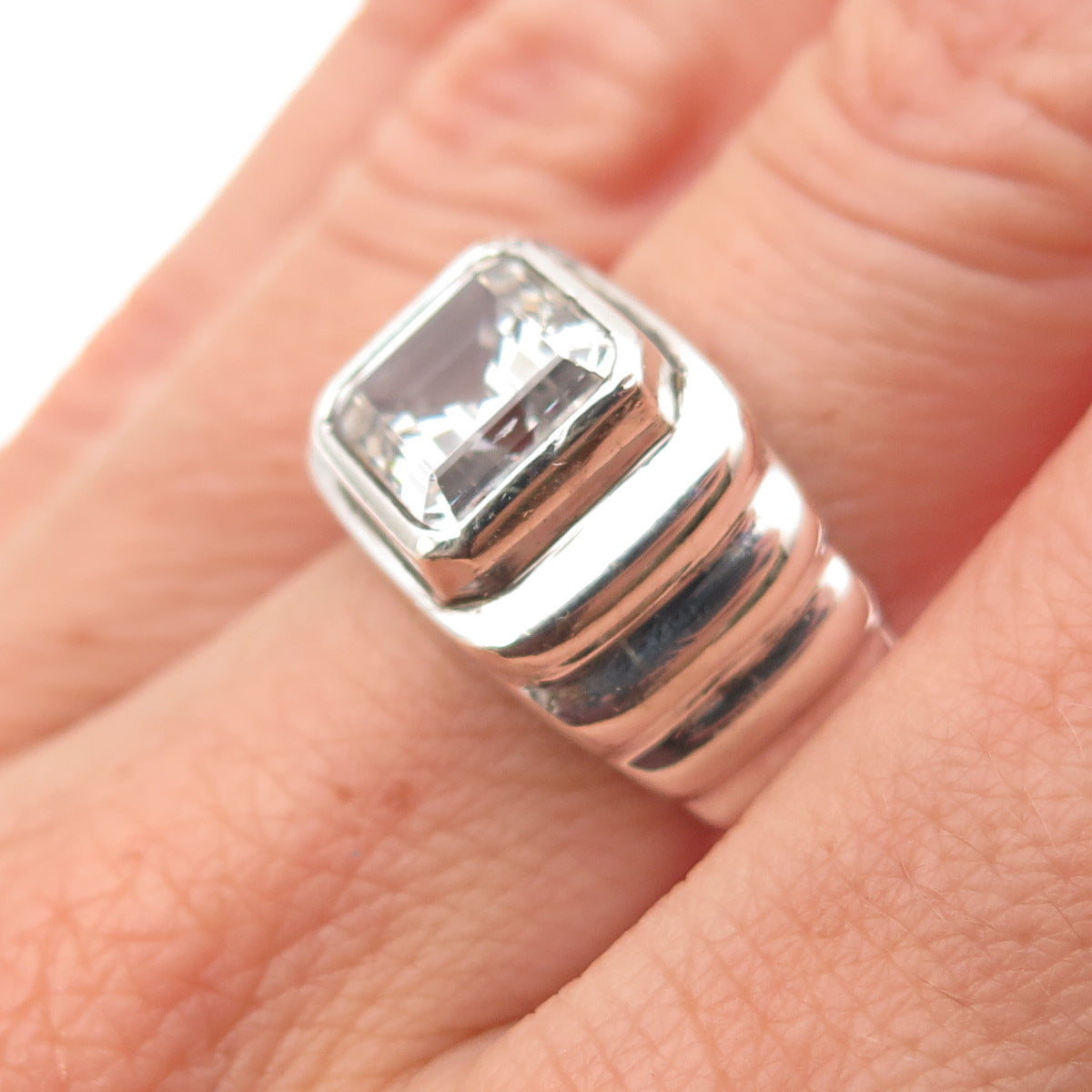 925 Sterling Silver Vintage Asscher-Cut C Z Modernist Oxidized Ring Size 6.25