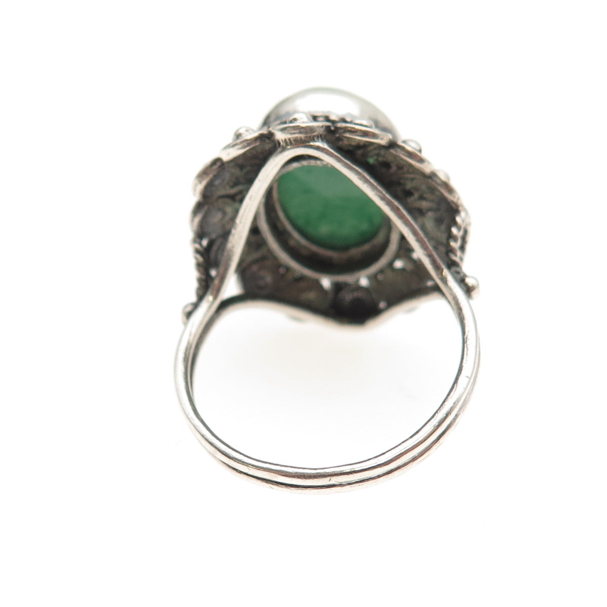 925 Sterling Silver Antique Art Deco Real Aventurine Floral Oxidized Ring Size 9