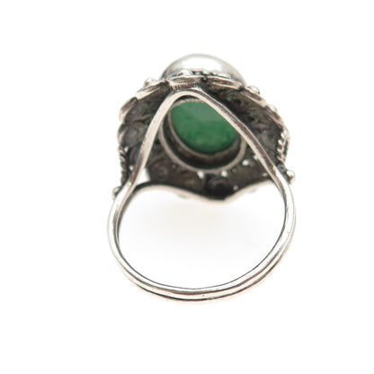 925 Sterling Silver Antique Art Deco Real Aventurine Floral Oxidized Ring Size 9