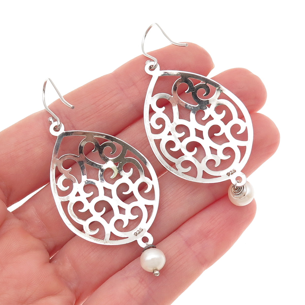 925 Sterling Silver Real Pearl Scroll Dangle Earrings