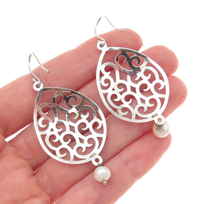 925 Sterling Silver Real Pearl Scroll Dangle Earrings