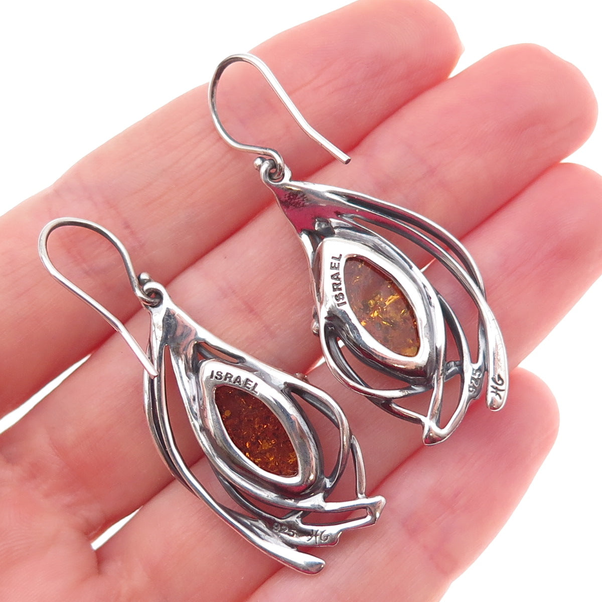 Hagit Gorali Sterling Silver Vintage Israel Real Amber Modernist Dangle Earrings