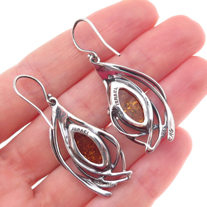 Hagit Gorali Sterling Silver Vintage Israel Real Amber Modernist Dangle Earrings