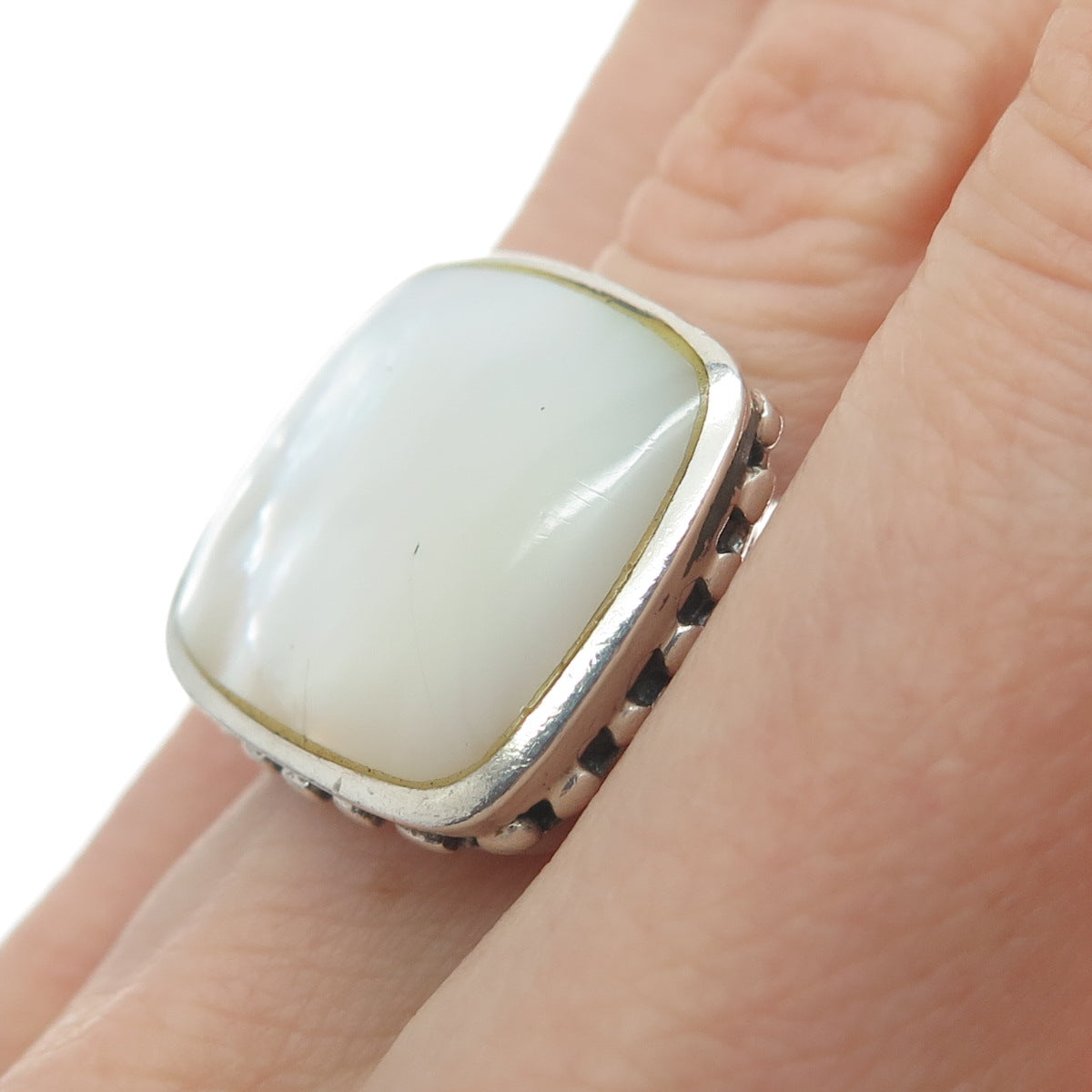 925 Sterling Silver Vintage Real Mother-of-Pearl Polka Dot Wide Ring Size 5.75