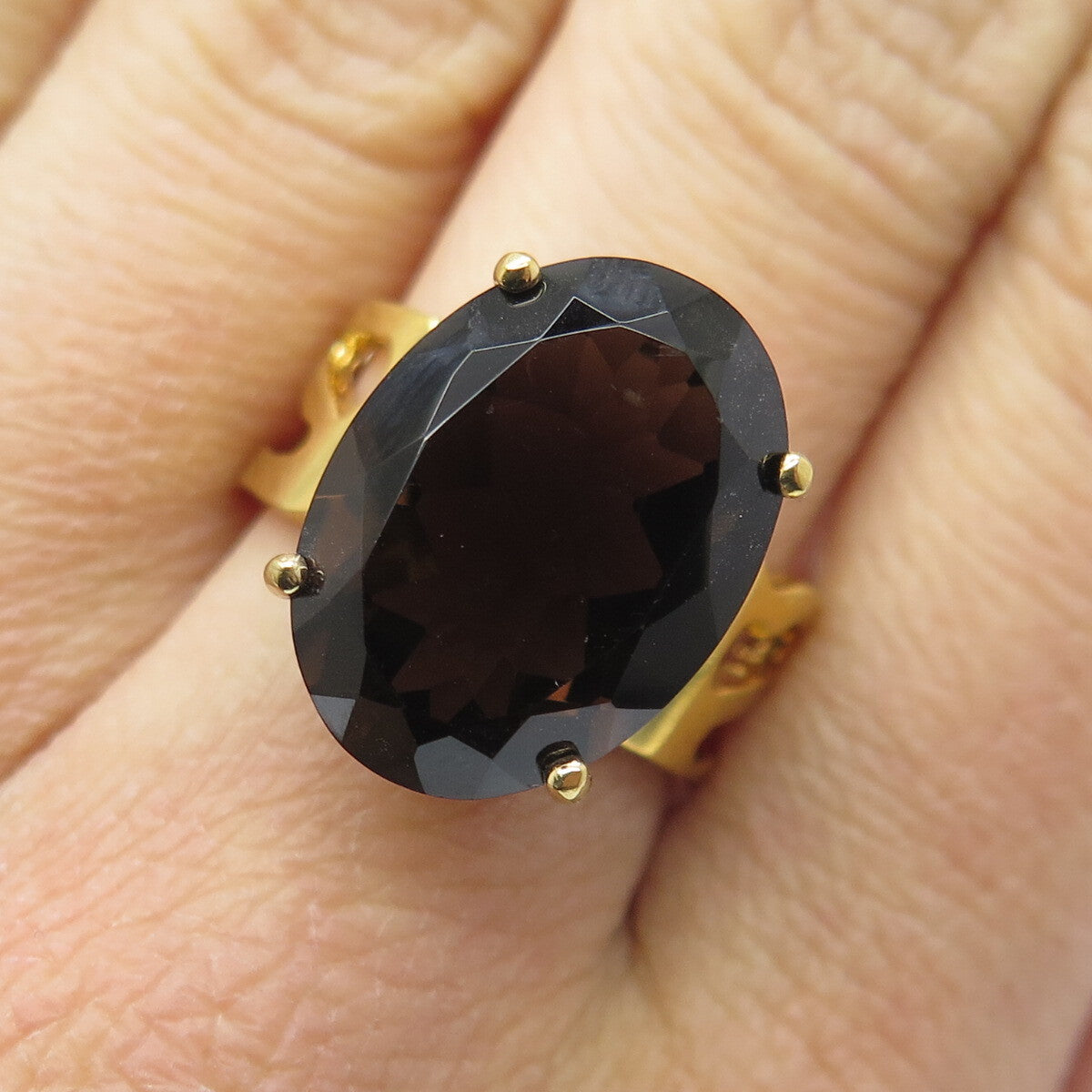 BADAVICI 925 Sterling Silver Gold Plated Real Oval-Cut Smoky Quartz Ring Size 8