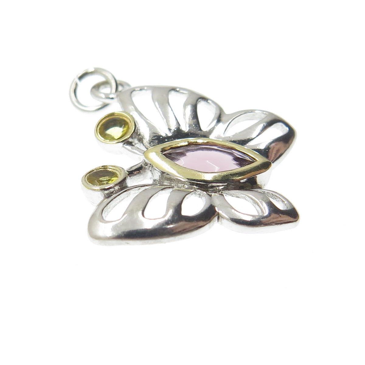 925 Sterling Silver 2-Tone Real Amethyst & Citrine Gemstone Butterfly Pendant
