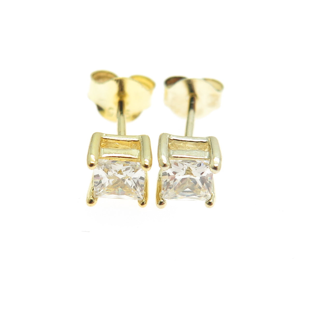 925 Sterling Silver Gold Plated Princess-Cut C Z Stud Earrings