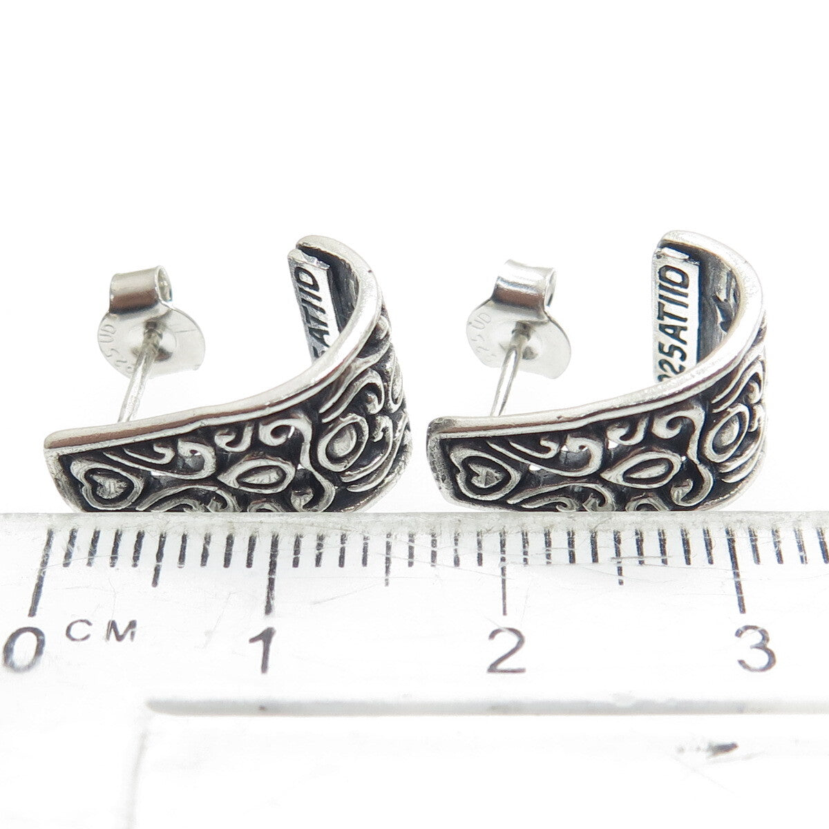 925 Sterling Silver Vintage Ornate Heart Oxidized Earrings