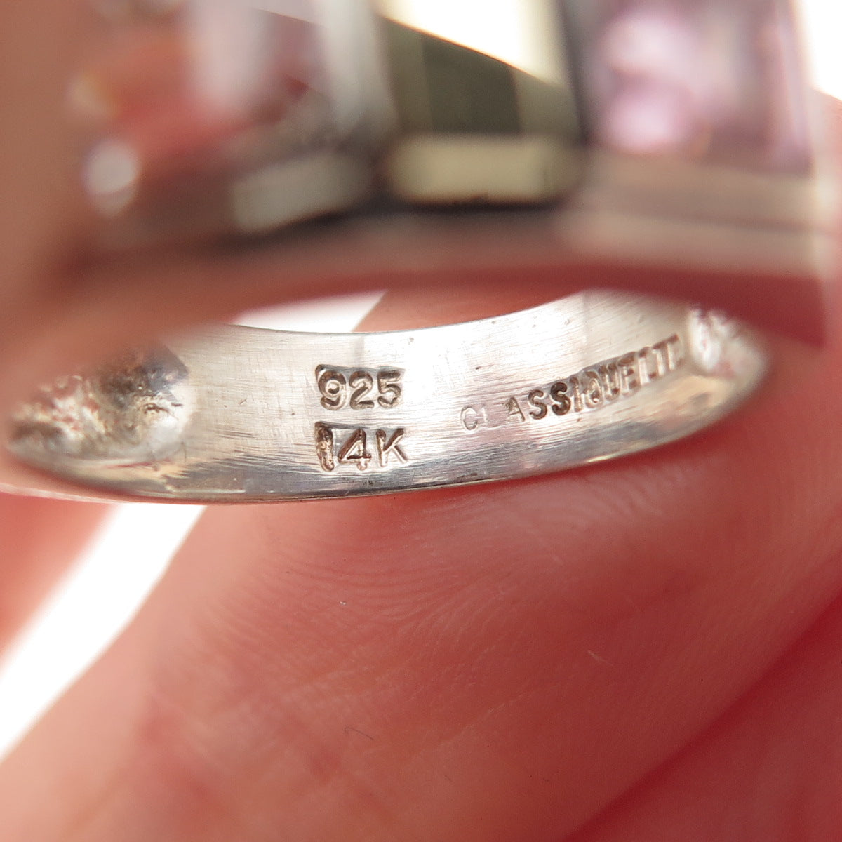 Classique 925 Sterling Silver 14K Gold Vintage White & Pink C Z Ring Size 6.25