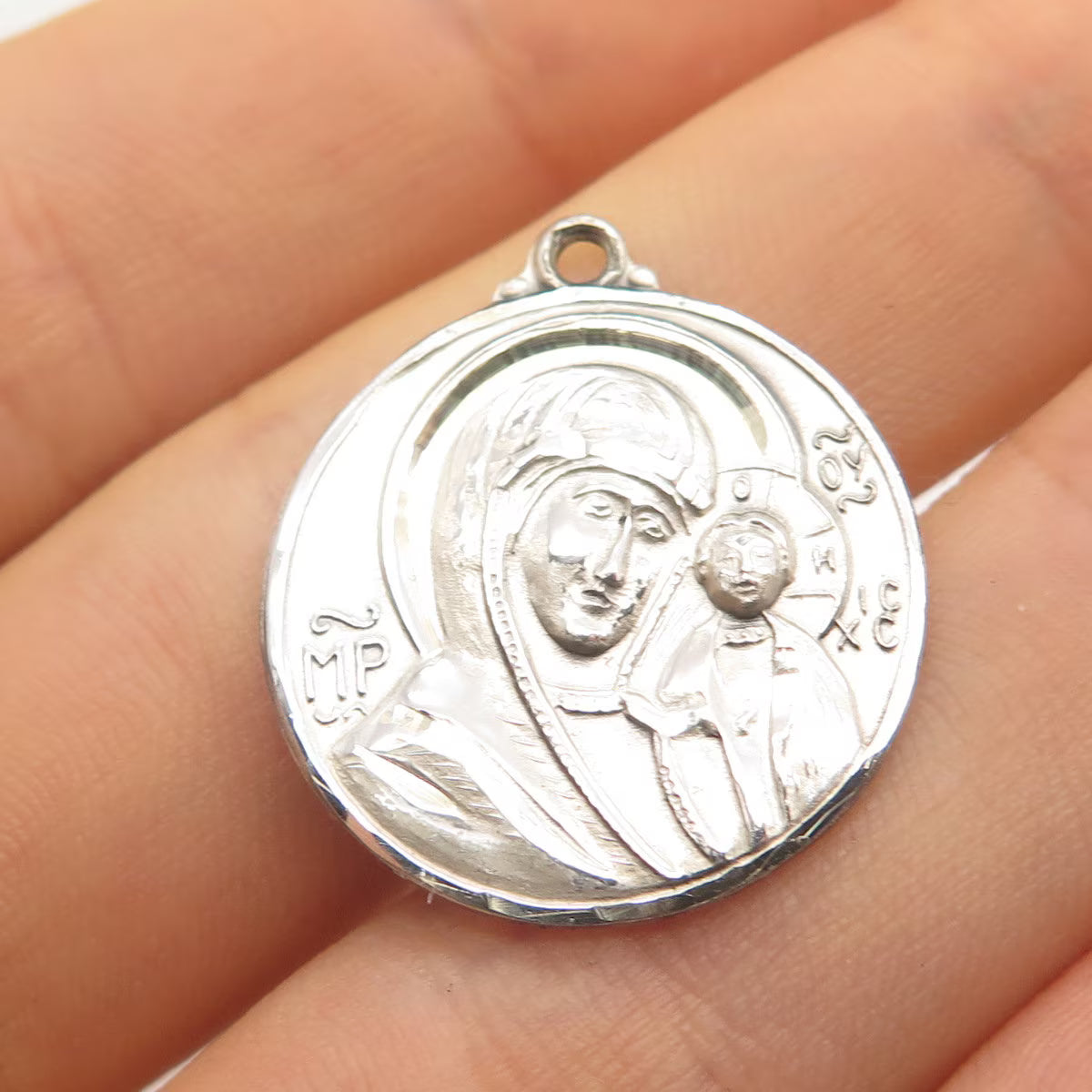 925 Sterling Silver Vintage Court Square Madonna w/ Child Religious Pendant