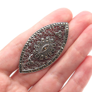 925 Sterling Silver Antique Art Deco Real Marcasite Filigree Oxidized Pin Brooch