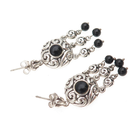 925 Sterling Silver Vintage Real Black Onyx Spiral Oxidized Dangle Earrings