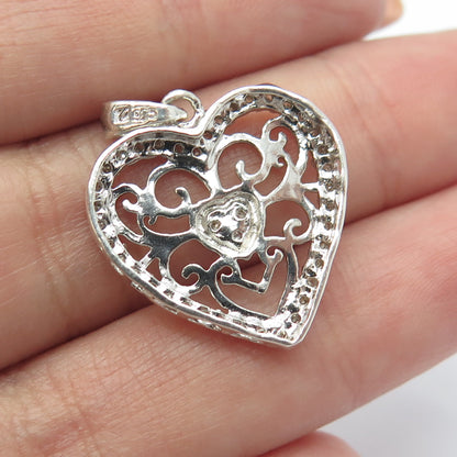 925 Sterling Silver Real Round-Cut White Diamond Ornate Heart Pendant