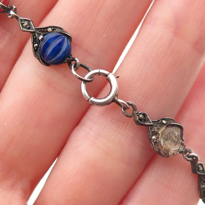 925 Sterling Silver Antique Real Carnelian Lapis Necklace 14" (missing 6 stones)