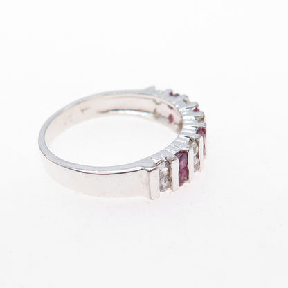 925 Sterling Silver Vintage Real Round-Cut Ruby & C Z Ring Size 5.75