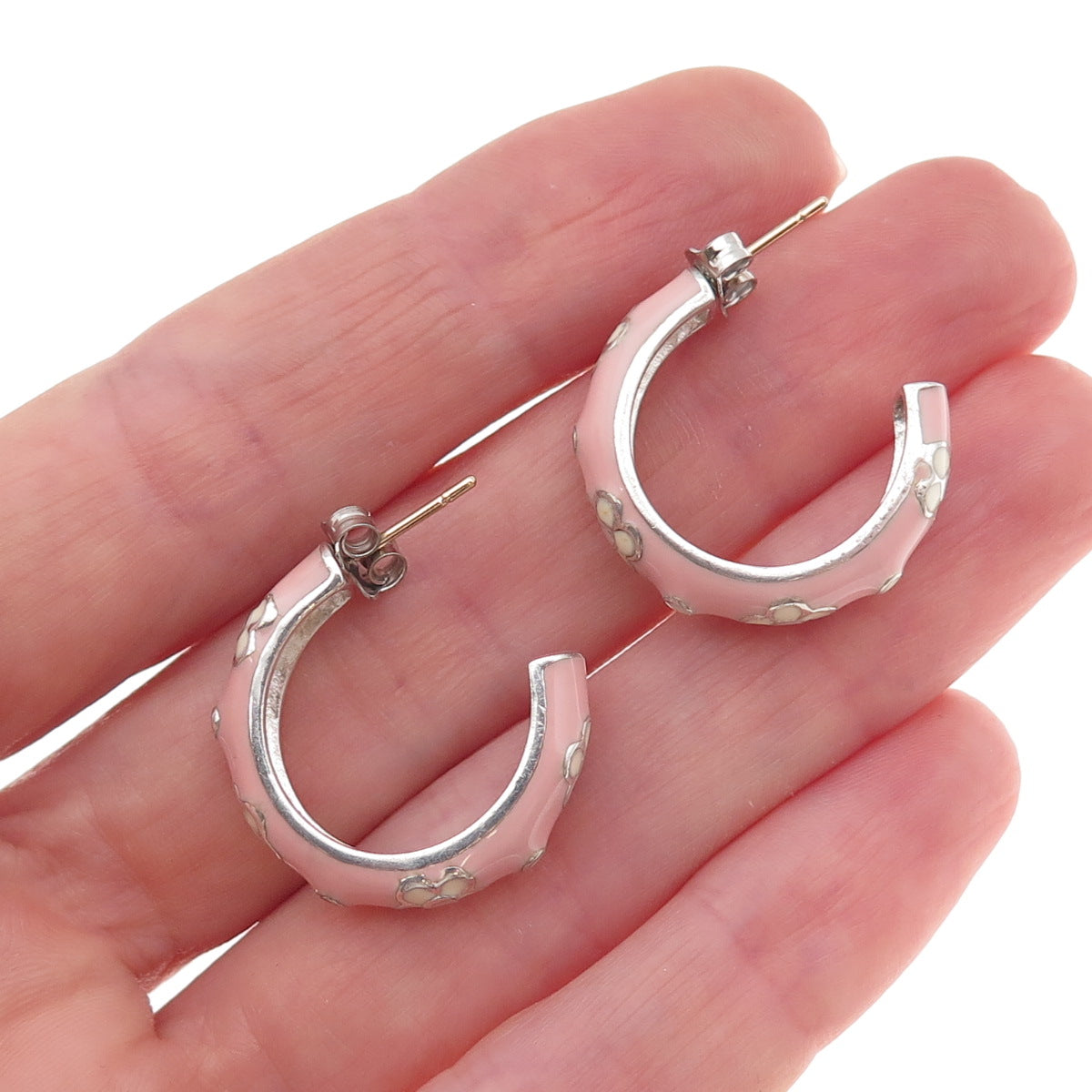Silvio Hidalgo 925 Sterling Silver Vintage Enamel Floral Hoop Earrings