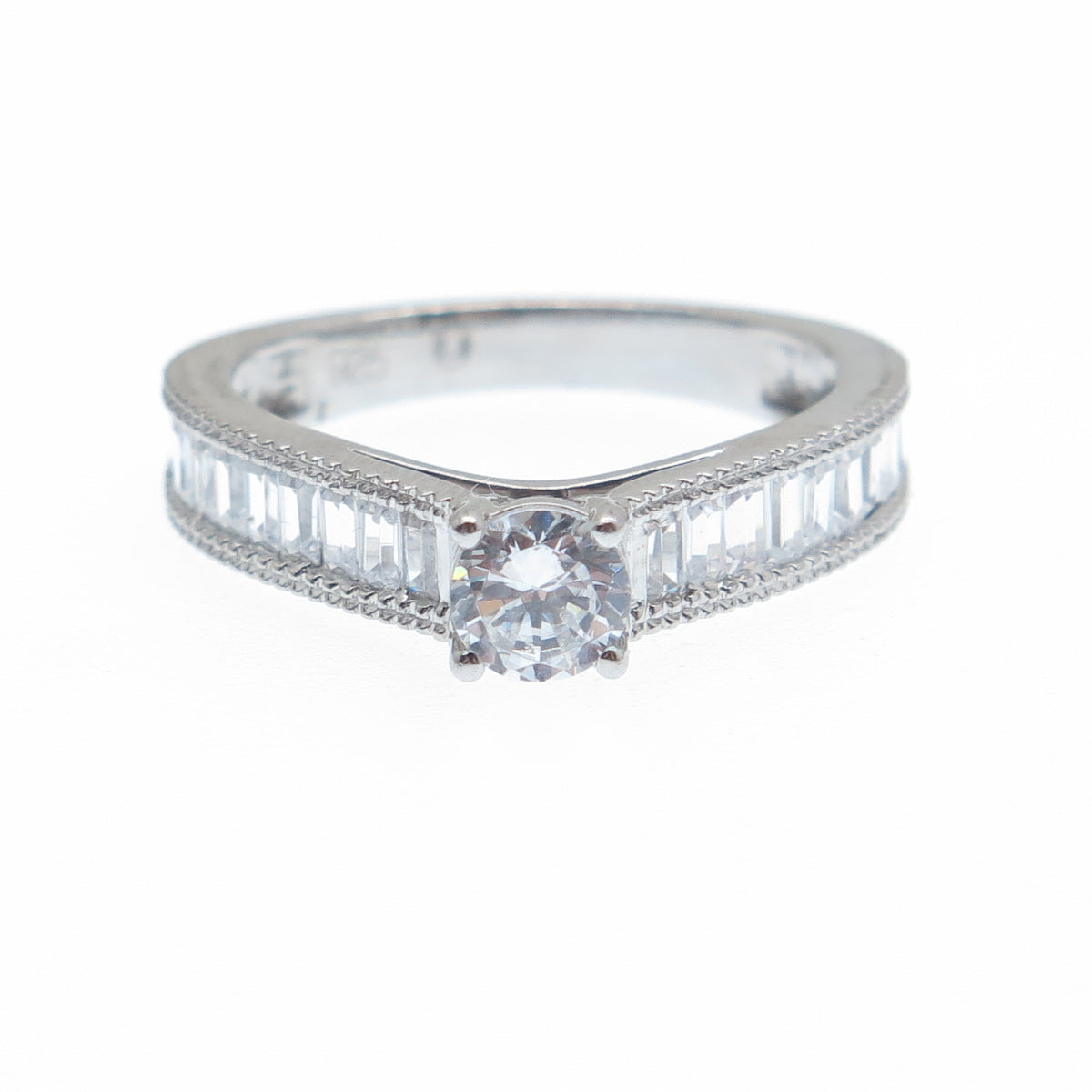 925 Sterling Silver Round & Emerald-Cut C Z Engagement Ring Size 6.75