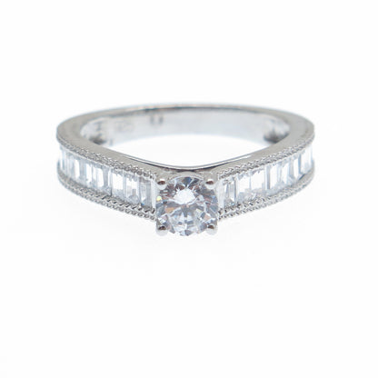 925 Sterling Silver Round & Emerald-Cut C Z Engagement Ring Size 6.75