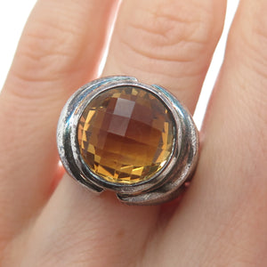 925 Sterling Silver Vintage Real Citrine Modernist Oxidized Ring Size 5