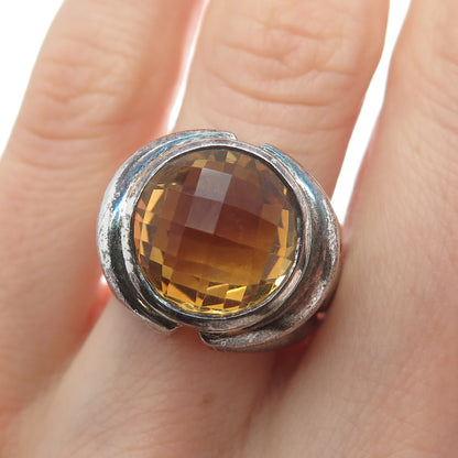 925 Sterling Silver Vintage Real Citrine Modernist Oxidized Ring Size 5