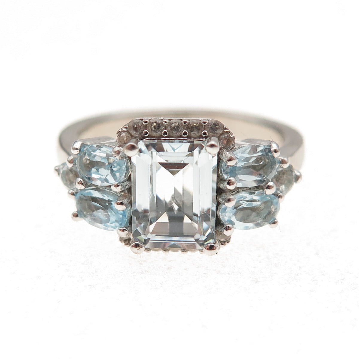 925 Sterling Silver Real Aquamarine Blue & White Topaz Ring Size 7.75