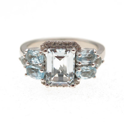 925 Sterling Silver Real Aquamarine Blue & White Topaz Ring Size 7.75