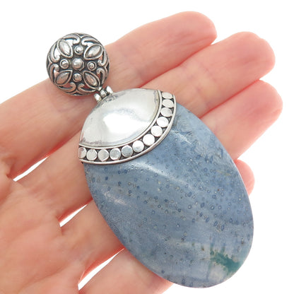 925 Sterling Silver Vintage Real Angelite Modernist Flower Pendant