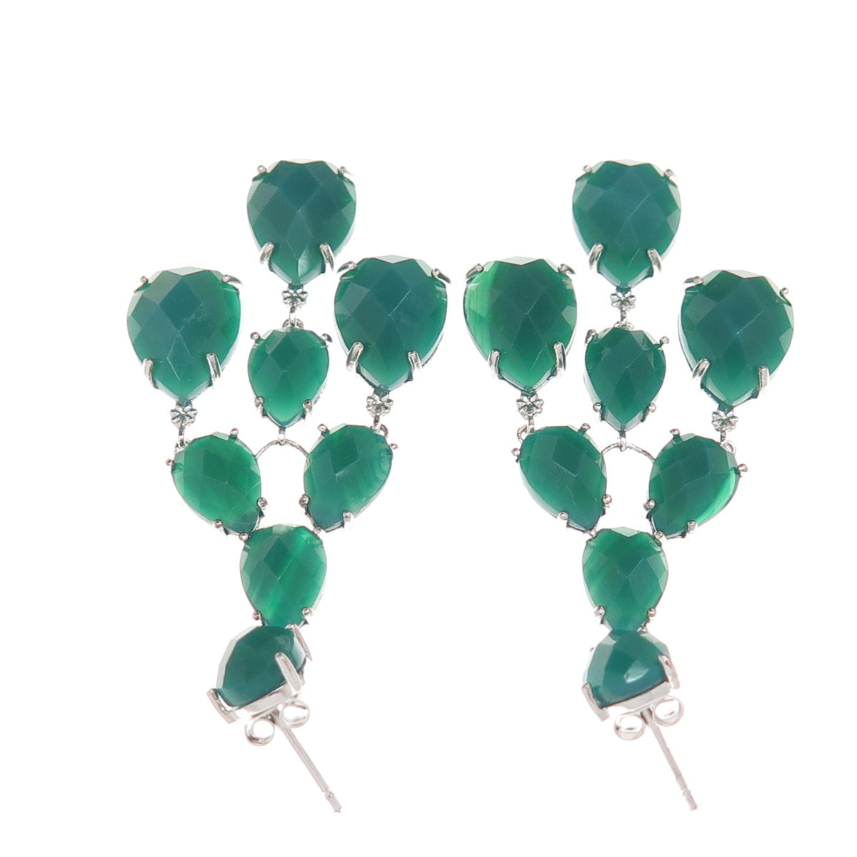 925 Sterling Silver Real Pear-Cut Green Onyx Chandelier Dangle Earrings