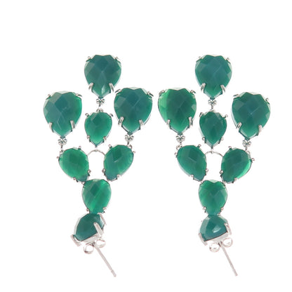 925 Sterling Silver Real Pear-Cut Green Onyx Chandelier Dangle Earrings