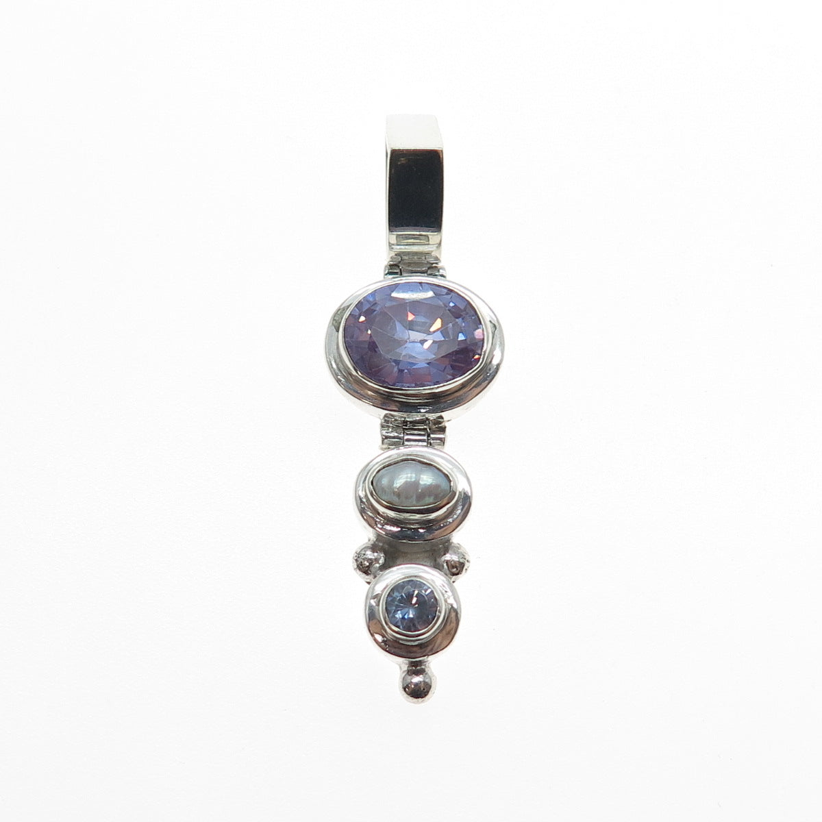 AF DESIGN 925 Sterling Silver Vintage Real Pearl & Lavender C Z Charm Pendant