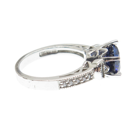 925 Sterling Silver Round-Cut Lab-Created Sapphire & C Z Ring Size 5.25