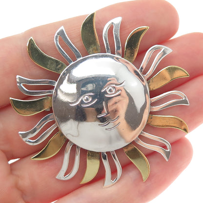 925 Sterling Silver 2-Tone Vintage Mexico Sun Face Pin Brooch