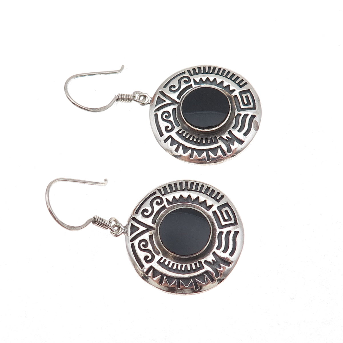 Boma 925 Sterling Silver Vintage Real Black Onyx Ethnic Oxidized Dangle Earrings