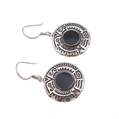 Boma 925 Sterling Silver Vintage Real Black Onyx Ethnic Oxidized Dangle Earrings