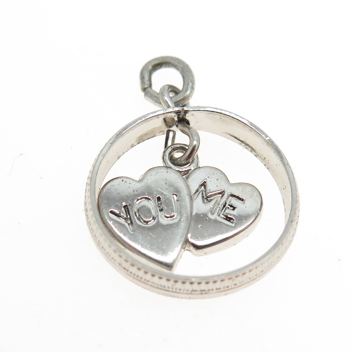 925 Sterling Silver Antique Art Deco "You & Me" Couple of Hearts Charm Pendant