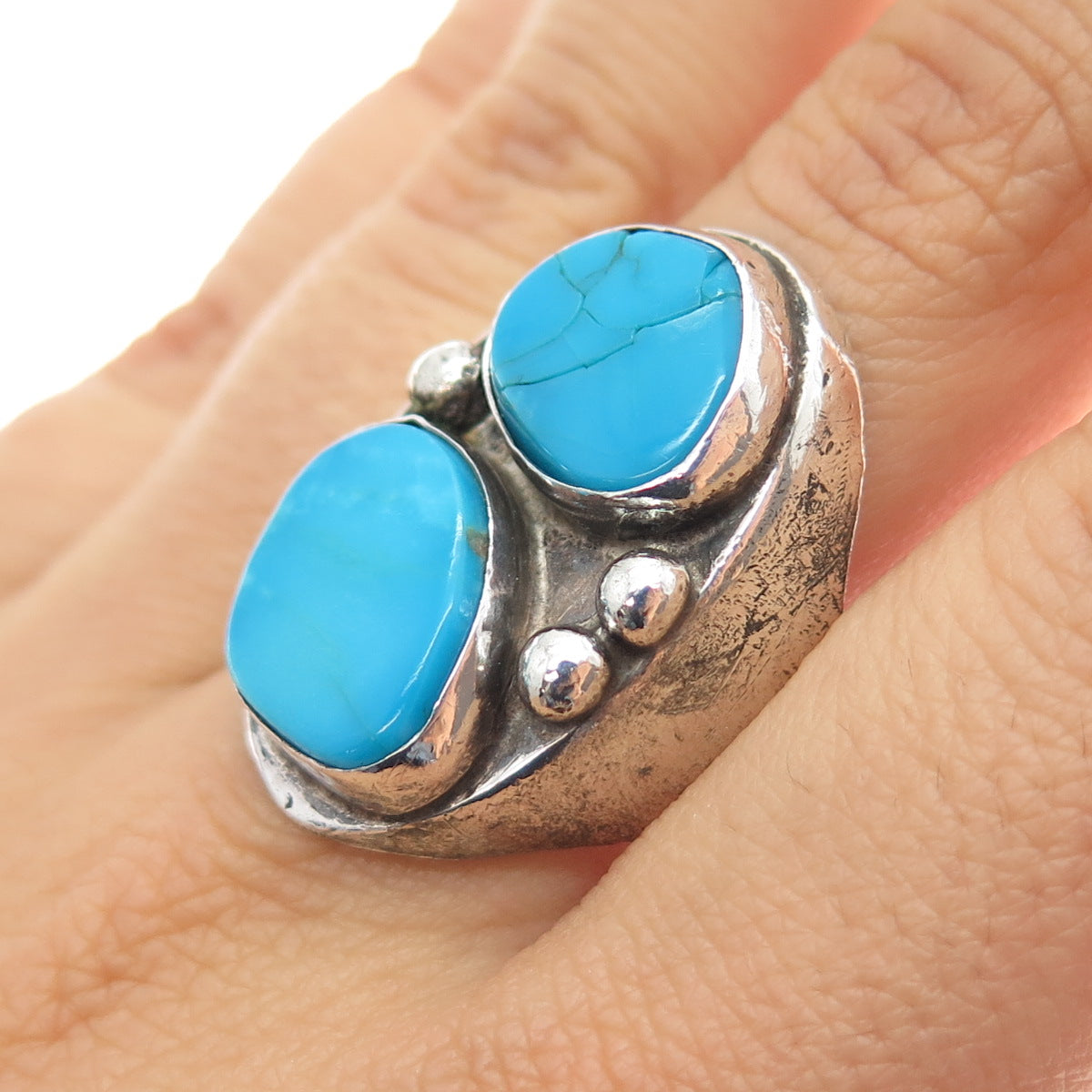 Old Pawn Sterling Silver Vintage Southwestern Bisbee Turquoise Ring Size 12.25