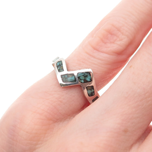 Old Pawn 925 Sterling Silver Vintage Turquoise Inlay Zig Zag Ring Size 3.75