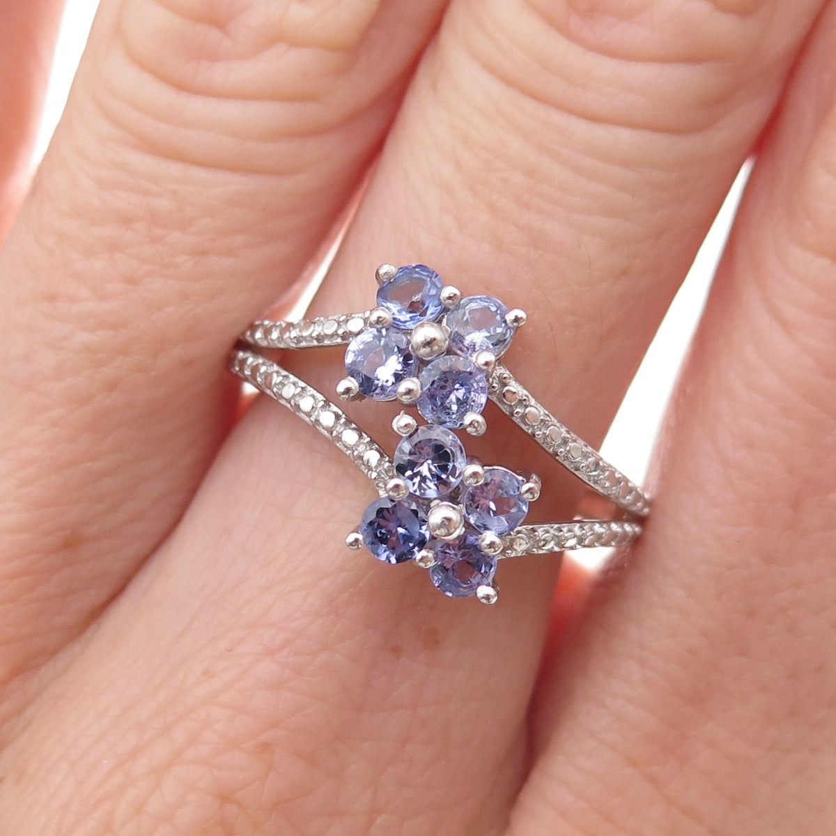 Chuck Clemency 925 Sterling Silver Real Round-Cut Tanzanite Floral Ring Size 7