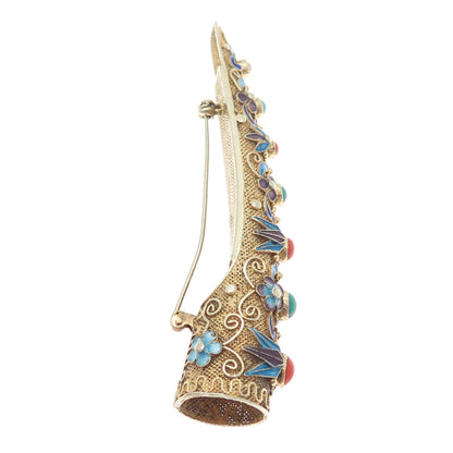 925 Sterling Gold Plated Antique China Turquoise Coral Finger Nail Guard Brooch