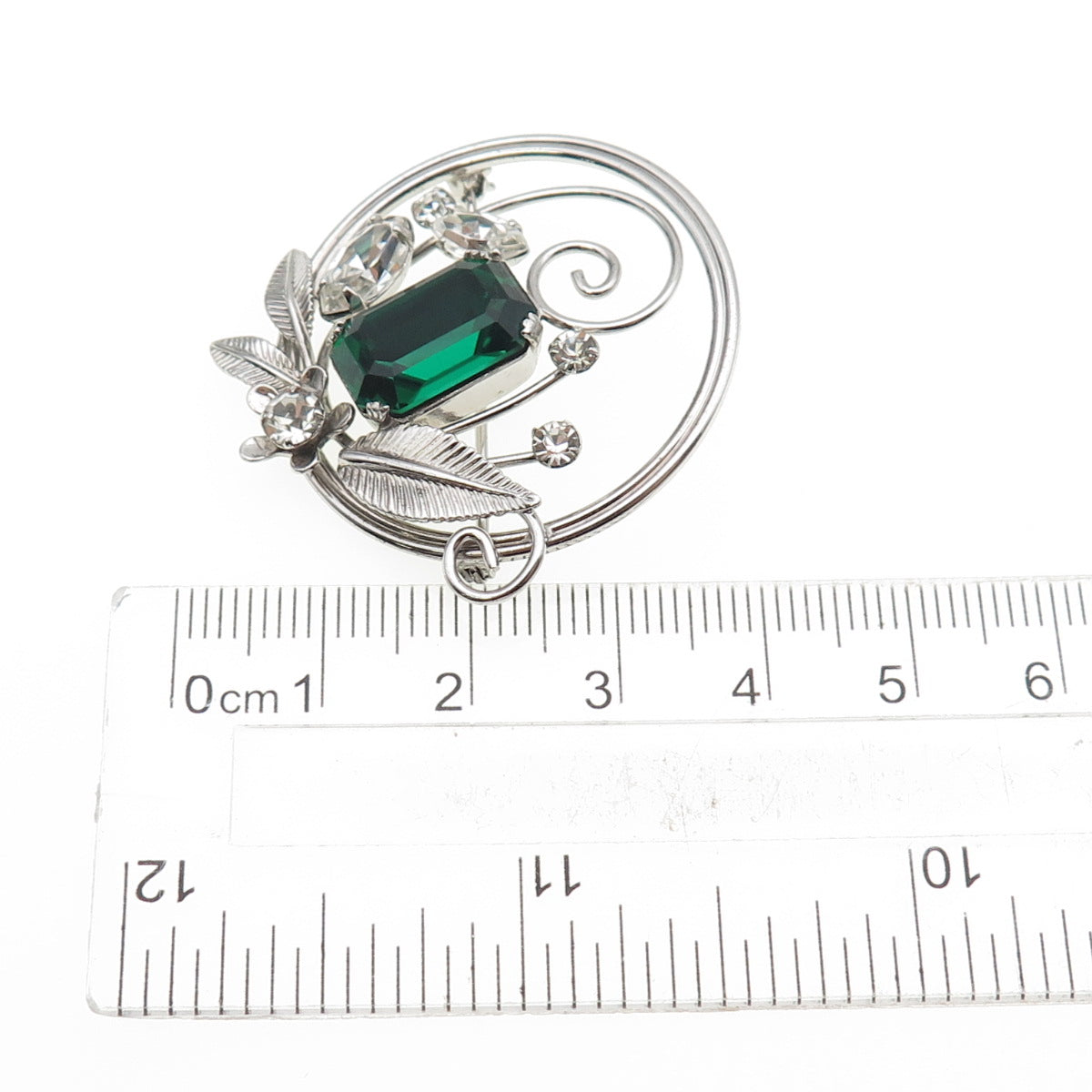 Van Dell 925 Sterling Silver Vintage Rhinestone Floral Oxidized Pin Brooch