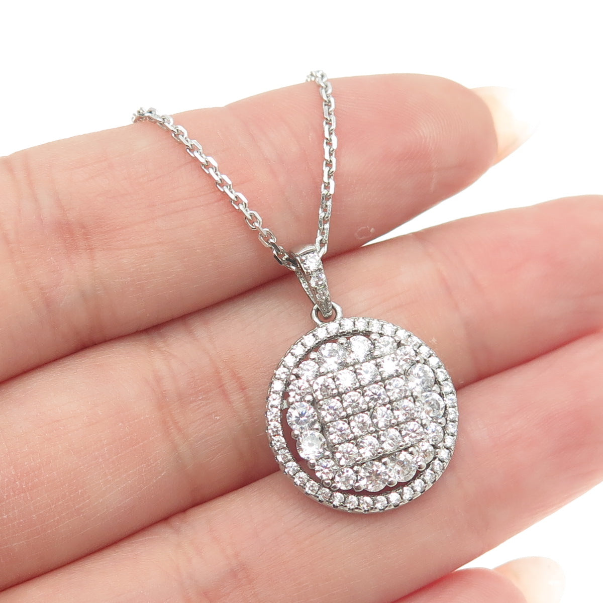 925 Sterling Silver Italy C Z Round Pendant Cable Chain Necklace 16"