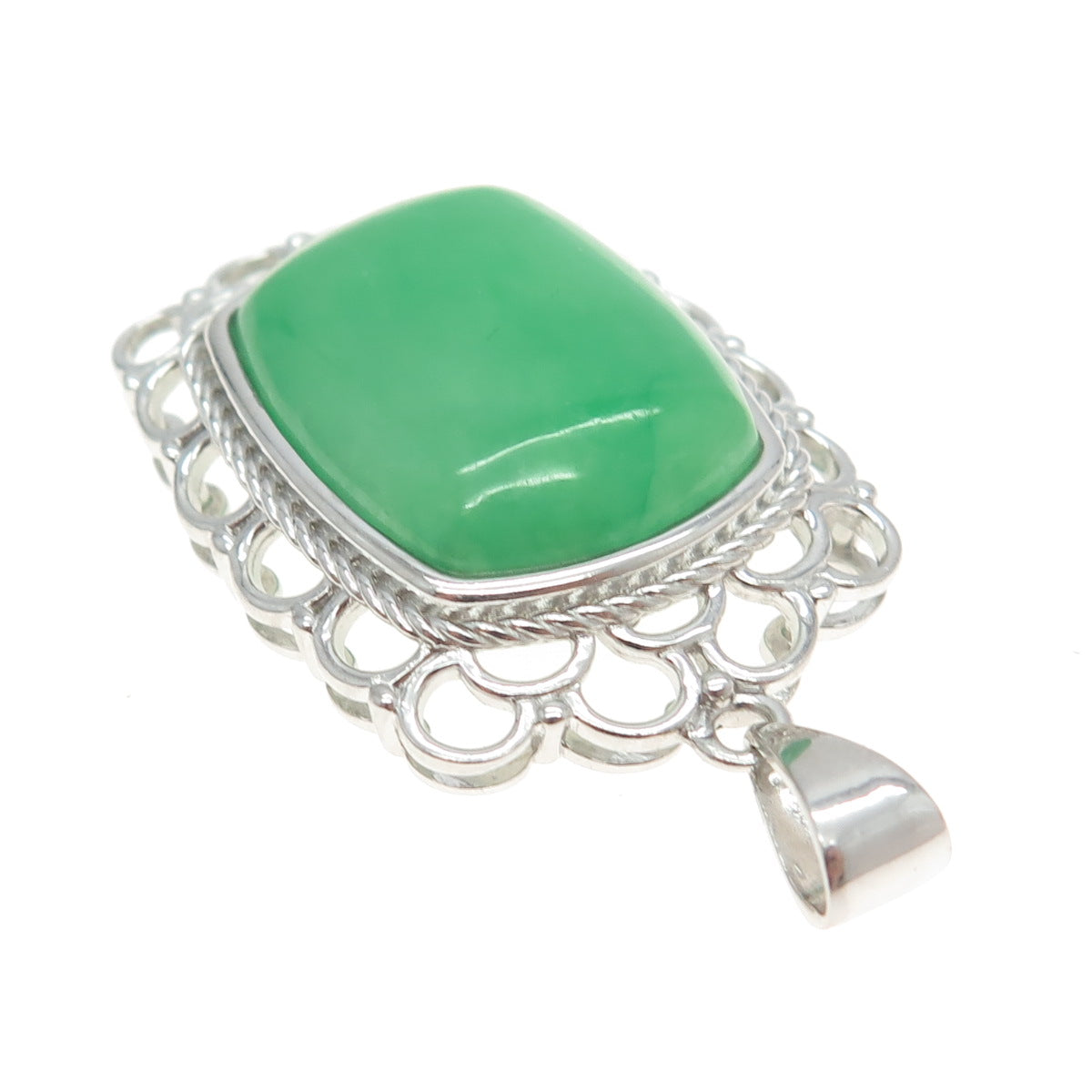 925 Sterling Silver Real Jade Gemstone Ornate Frame Pendant