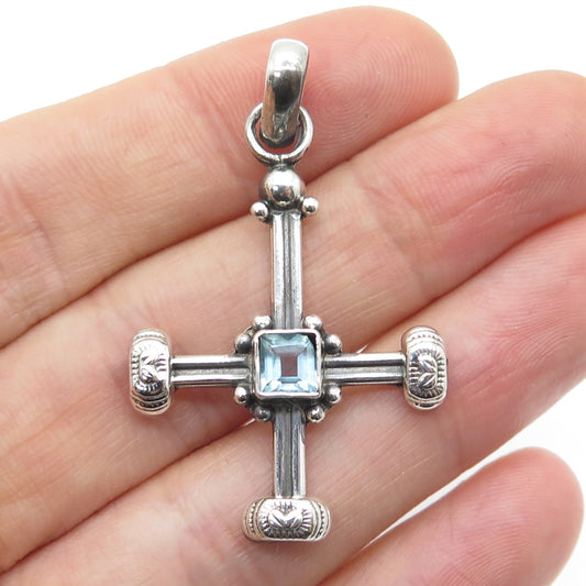 925 Sterling Silver Vintage Real Aquamarine Column Cross Pendant