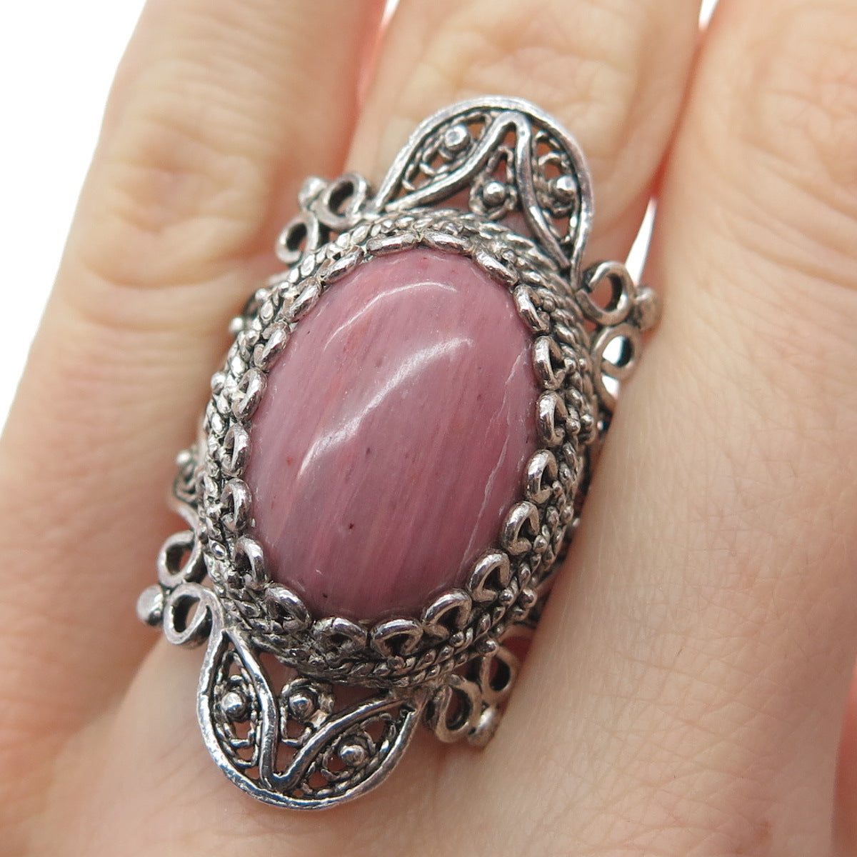 925 Sterling Silver Vintage Real Rhodochrosite Filigree Ring Size 9.25