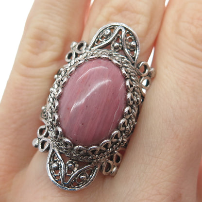 925 Sterling Silver Vintage Real Rhodochrosite Filigree Ring Size 9.25