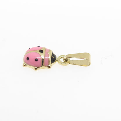 14K Yellow Gold Enamel Pink Ladybug Minimalist Charm Pendant