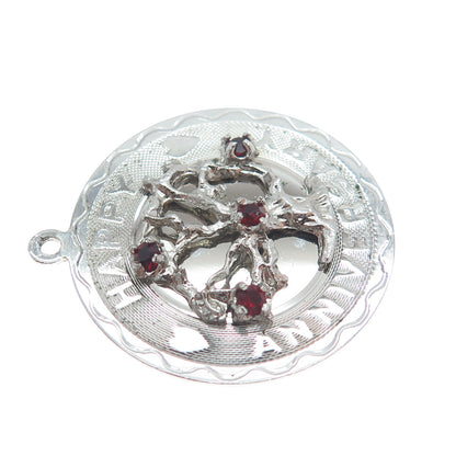 SPENCER CO. 925 Sterling Silver Vintage Red Garnet Gem Happy Anniversary Pendant