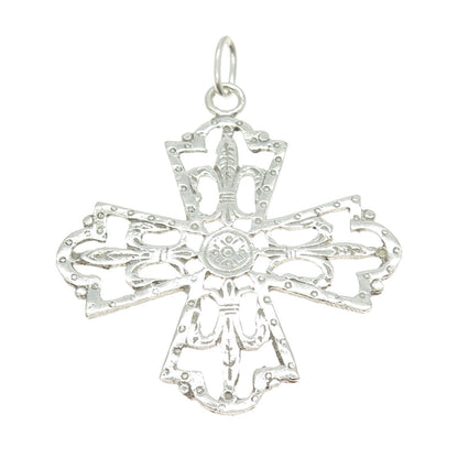 925 Sterling Silver Antique Art Deco Fleur de Lis Cross Religious Pendant