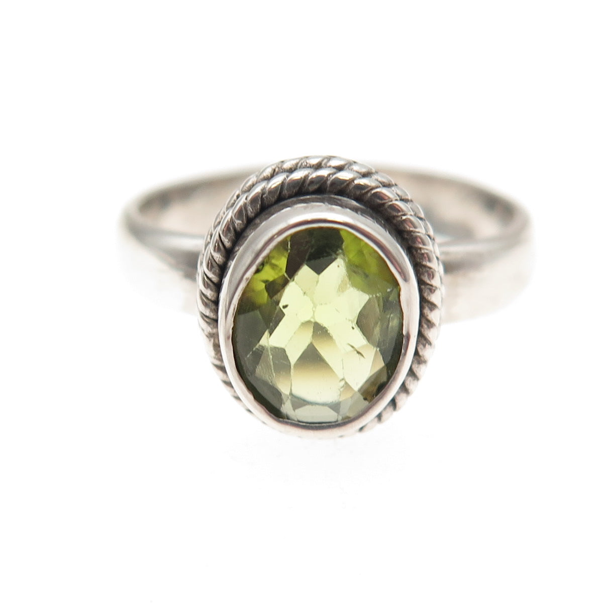 925 Sterling Silver Vintage Real Oval-Cut Peridot Oxidized Ring Size 8.25
