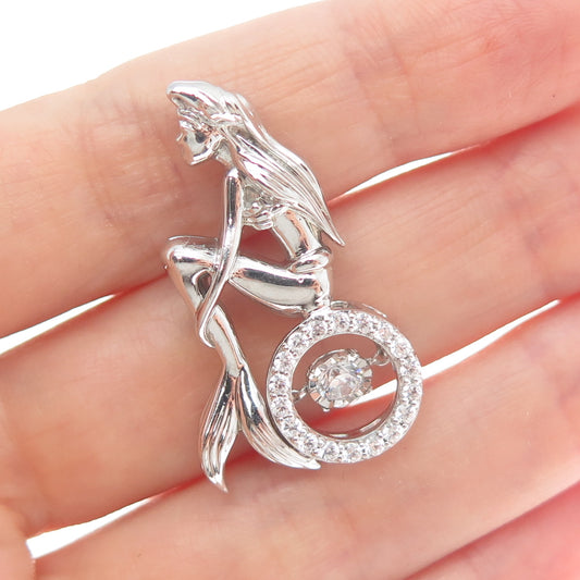 925 Sterling Silver Round-Cut C Z Ariel Mermaid Charm Slide Pendant